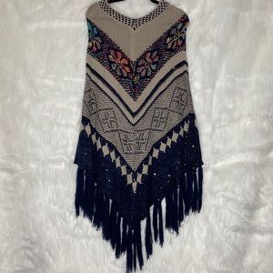 Women’s Knit Sweater Poncho Shawl Blue and Tan